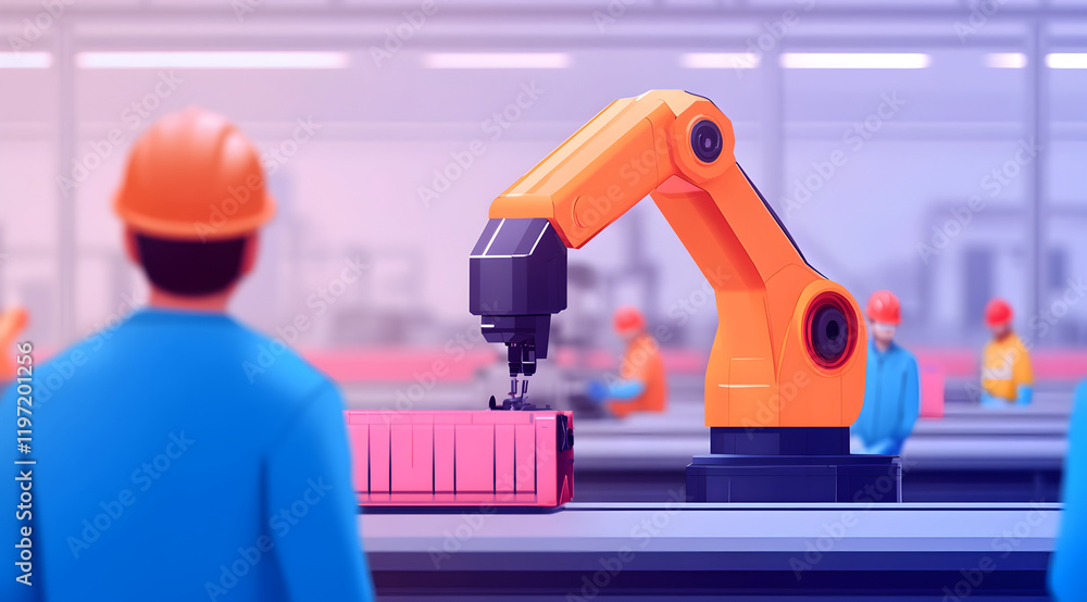 Aufkleber a worker observes a robotic arm assembling products in a modern factory setting, highlighting automa