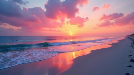 Fototapeta premium Serene Coastal Sunset Pink Hues Paint the Ocean Waves and Sandy Shore at Day's End