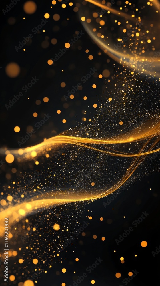 Poster golden particles and waves on a dark background with sparkling effect