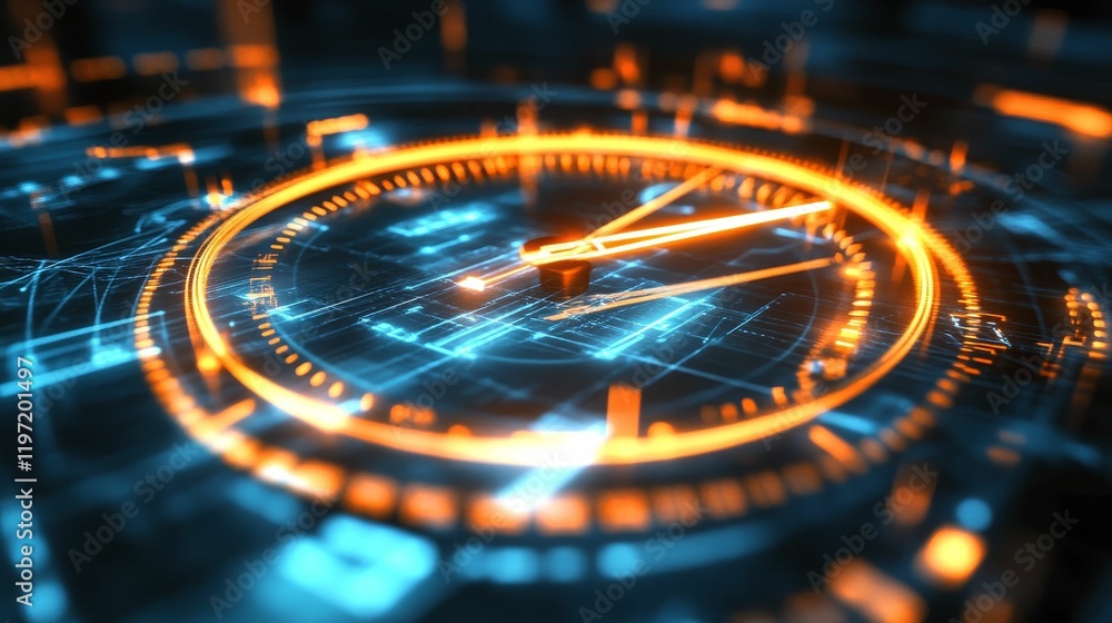 Poster glowing time clock abstract on dark digital grid.