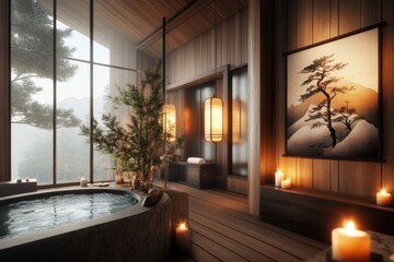 A relaxing spa interior with teak wood elements, dim V-Ray lighting, and aromatic candles placed around a hot tub