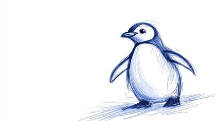 Fototapeta premium Blue sketch of standing penguin on white background