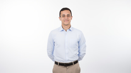 A 30 year old male professional exudes confidence and self-belief, dressed in a subtly colored shirt and posing with her arms crossed. Set against light backdrop. AI Generative.
