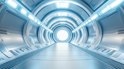 Obraz premium Interior view of a futuristic corridor or tunnel with a circular opening at the end, smooth metal walls, and panels