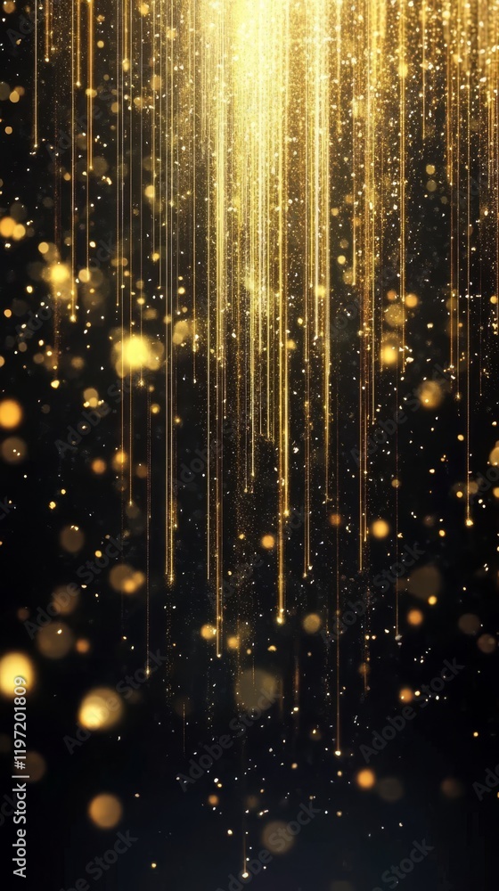 Poster golden sparkles and shimmering light rays on dark background