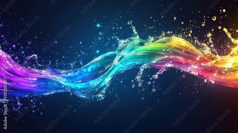 Poster vibrant abstract water flowing spectrum with colorful waves and sparkling droplets on dark backgroun