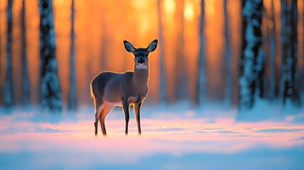 Glowing Deer Standing in Snow-Covered Forest at Dusk