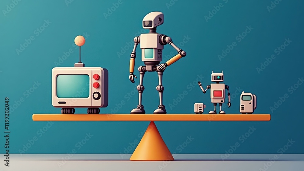 Poster retro robots in metallic colors standing on wooden balance scale, concept of technology and ai balan