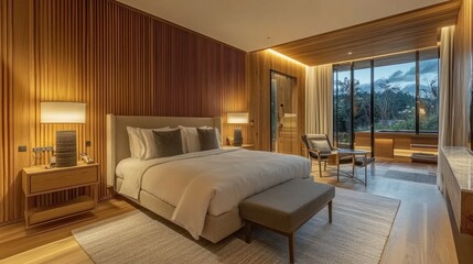 Warmly lit modern bedroom with wood-paneled walls, emphasizing a natural and contemporary design aesthetic.