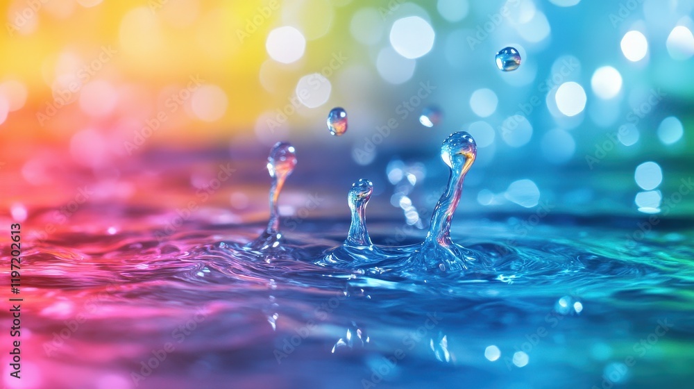 Poster vibrant abstract water drops in spectrum colors floating above textured surface with beautiful bokeh