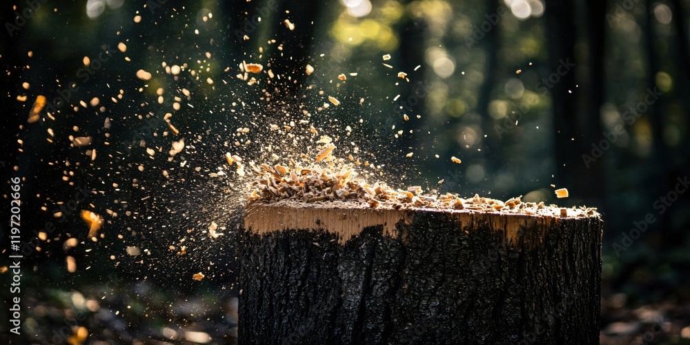 Poster sunlit wood shavings exploding from tree stump in forest
