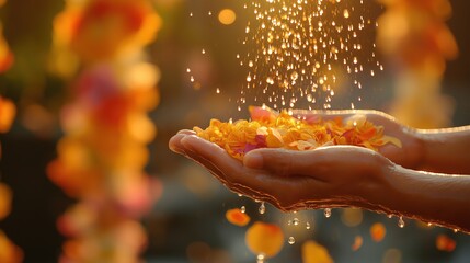 Hands Pouring Water with Flower Petals During Thai Songkran Festival, Symbolizing Renewal and Joy