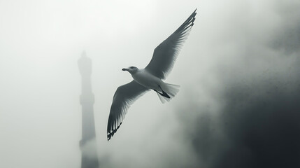 Obraz premium A seagull flying above an industrial factory releasing thick, toxic smoke from chimneys, Pollution spreading across the sky, Industrial impact, Environmental concerns