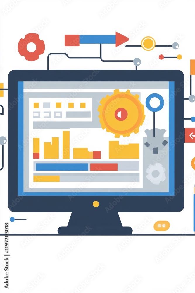 Poster modern computer screen displaying data analytics and process flowchart