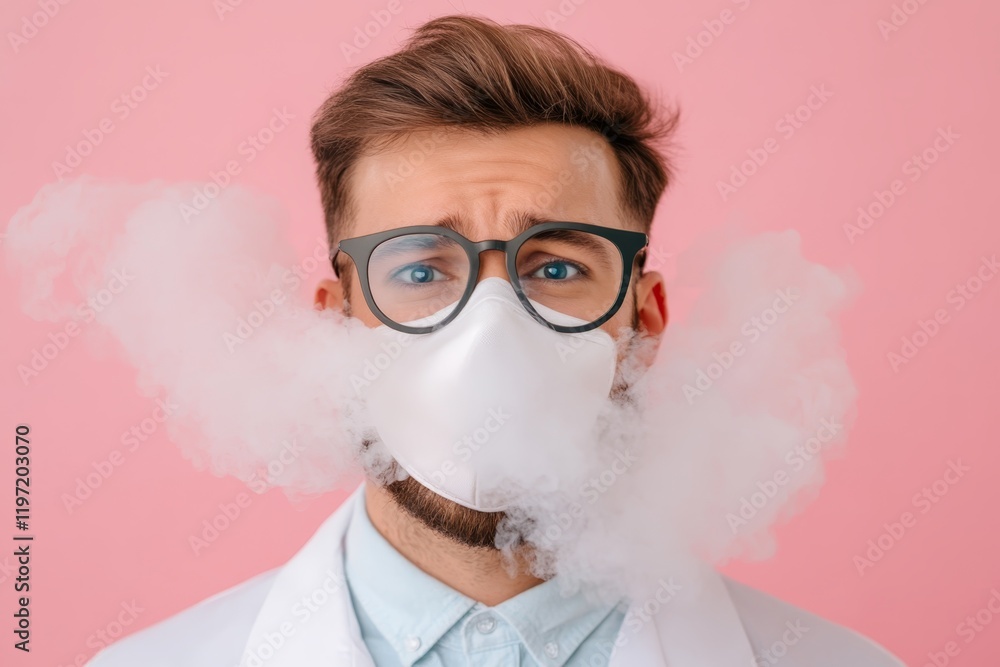 Poster scientist conducts an experiment with smoke while wearing a mask in a pink background setting