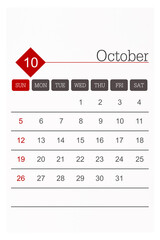 Calendar October 2025 flat style isolated on white background.