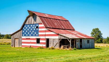 Obraz premium American flag barn in rural countryside, celebrating Independence Day