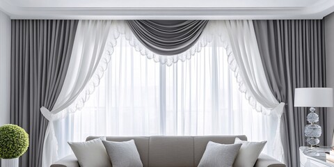 Elegant Grey and White Curtains Draped Over a Window in a Modern Living Room