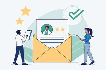 Flat design illustration, open envelope, resume document, profile picture, star rating, green checkmark, tiny business people, man in white shirt, woman in blue shirt, pale blue application, HR proces