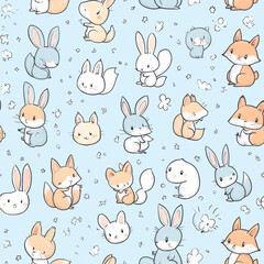 Adorable woodland animals texture pattern with bunnies and foxes