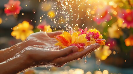 Hands Pouring Water with Flower Petals During Thai Songkran Festival, Symbolizing Renewal and Joy