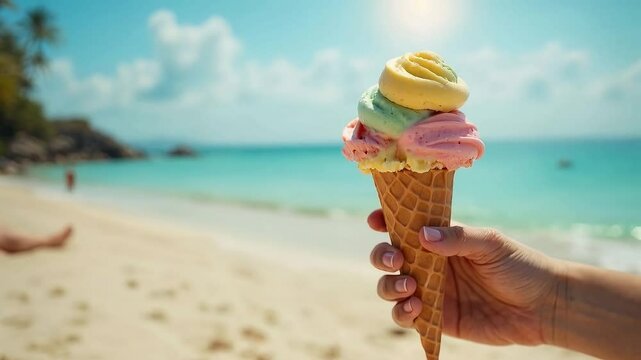 Helado de tres sabores en cono sostenido por una mano en la playa soleada