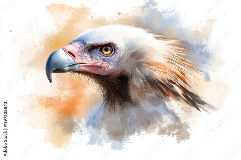 Poster a simple 2d drawing of a vulture profile, focusing on its curved beak and intense gaze, rendered in 