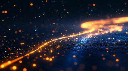 Obraz premium Glowing orange particles float over a blue background.