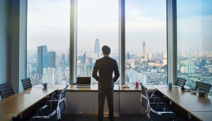 Back view of a person standing by a large window in a conference room with a city view looking out at the distant scenery