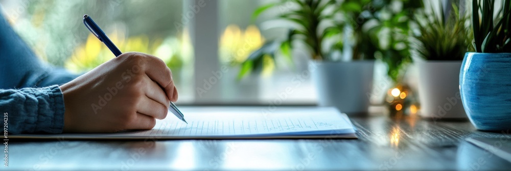 Fototapete Creating notes on a beautiful morning with greenery and natural light illuminating the workspace. Generative AI