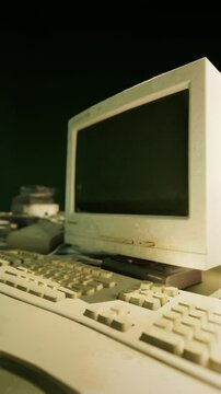 A room filled with a variety of appliances, including old computer equipment, creating a cluttered and tech-filled space with distortion and interference.