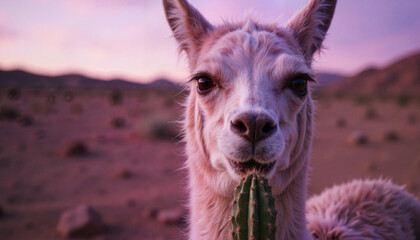 Obraz premium Curious llama touching cactus in barren landscape at dusk, nature's wonder