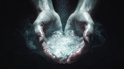 Hands washing under glowing water, hygiene in health care, 3D illustration