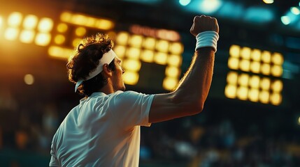 A tennis player raises his fist in victory, captured from a back view against a brightly lit stadium background, creating a powerful, energetic, and triumphant scene