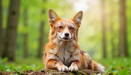 Quirky fox wearing stylish glasses in serene forest, whimsical charm