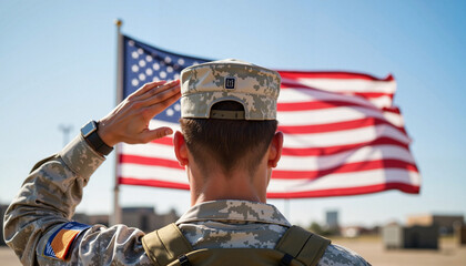 Soldier saluting with American flag in military base, patriotic pride