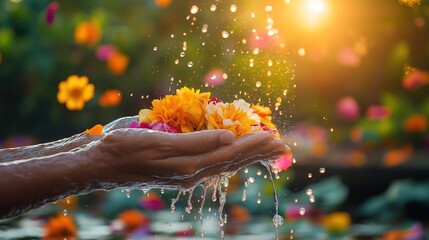 Hands Pouring Water with Flower Petals During Thai Songkran Festival, Symbolizing Renewal and Joy