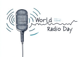 Fototapeta premium One-line drawing of a microphone with sound waves. World Radio Day
