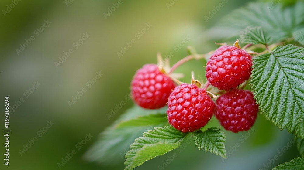 Poster bright red raspberry cluster with delicate textured surface