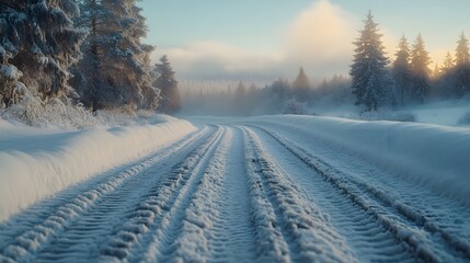 Winter tire detail emerges from snowy road surface with fresh snow-covered landscape behind. Tire tracks cut through snow against misty winter forest backdrop in atmospheric cold scene.