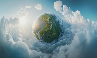 Naklejka premium A lush green planet is surrounded by white clouds.