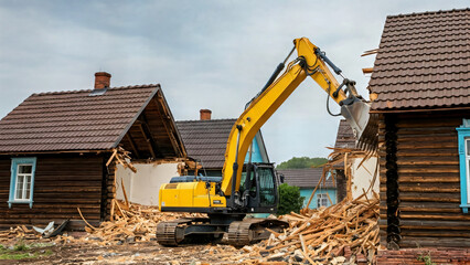 Obraz premium Yellow excavator demolishes wooden houses in rural area. Concepts of new housing, services, construction, site preparation, design, safety, land, sale, construction, mortgages