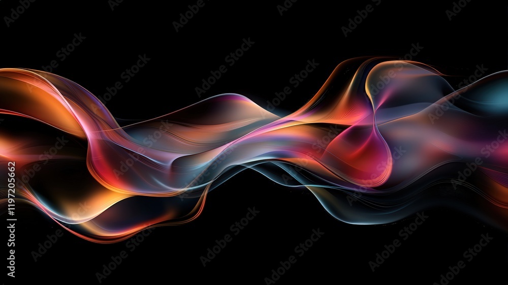Poster Abstract Fluid Design with Iridescent Waves and Colorful Flowing Patterns on a Black Background