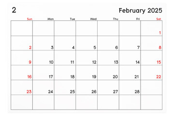 Calendar February 2025 page isolated on white background.