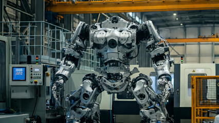 Fototapeta premium Large robotic valves are assembled in a modern factory space filled with industrial equipment and overhead cranes. Artificial Intelligence Concepts, Technology, Engineering, Robotics, Microchips