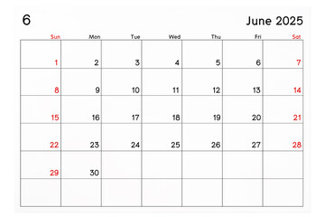 Calendar June 2025 page isolated on white background.
