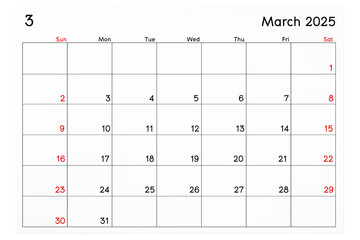 Calendar March 2025 page isolated on white background.