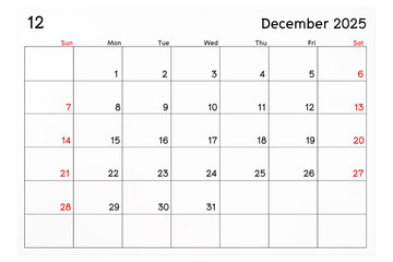 Calendar December 2025 page isolated on white background.