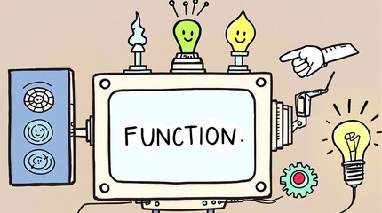 Naklejka premium Illustration of programming functions with machine cogs and wheels stylized as doodles, representing code execution mechanics