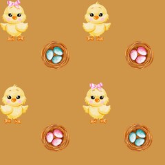 Seamless pattern for Easter, chicks with testicles in a nest on an orange background 
